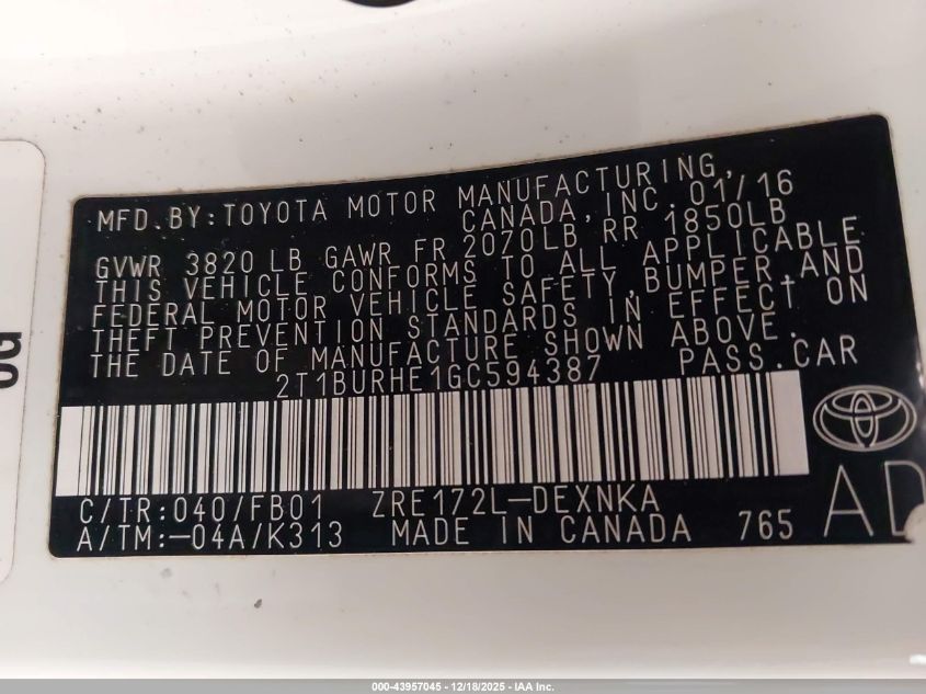 2016 Toyota Corolla Le VIN: 2T1BURHE1GC594387 Lot: 43957045