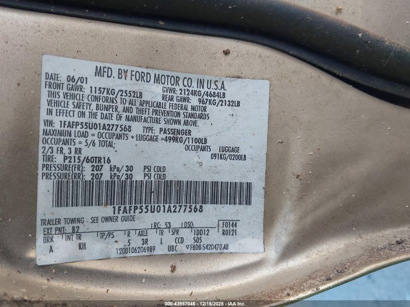 2001 Ford Taurus Ses VIN: 1FAFP55U01A277568 Lot: 43957046
