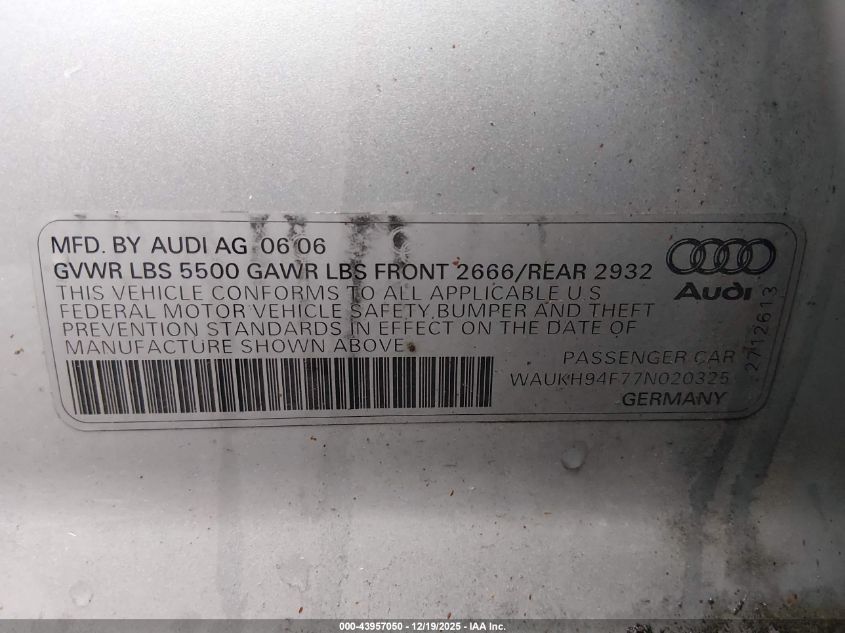 2007 Audi A6 3.2 Avant VIN: WAUKH94F77N020325 Lot: 43957050