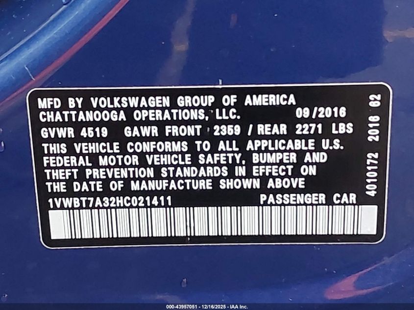 2017 Volkswagen Passat 1.8T Se VIN: 1VWBT7A32HC021411 Lot: 43957051