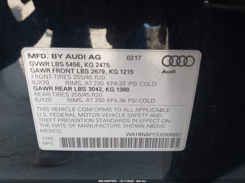 2018 Audi Q5 2.0T Premium/2.0T Tech Premium VIN: WA1BNAFY7J2006567 Lot: 43957053