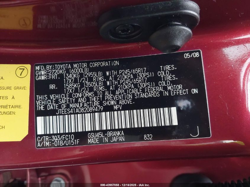 2008 Toyota Highlander VIN: JTEES41A082089479 Lot: 43957058