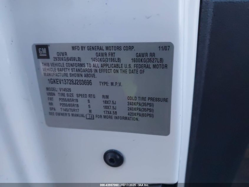 2008 GMC Acadia Sle-1 VIN: 1GKEV13728J203696 Lot: 43957060