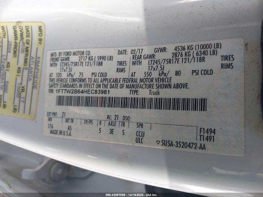 2017 Ford F-250 Xl VIN: 1FT7W2B64HEC83981 Lot: 43957066
