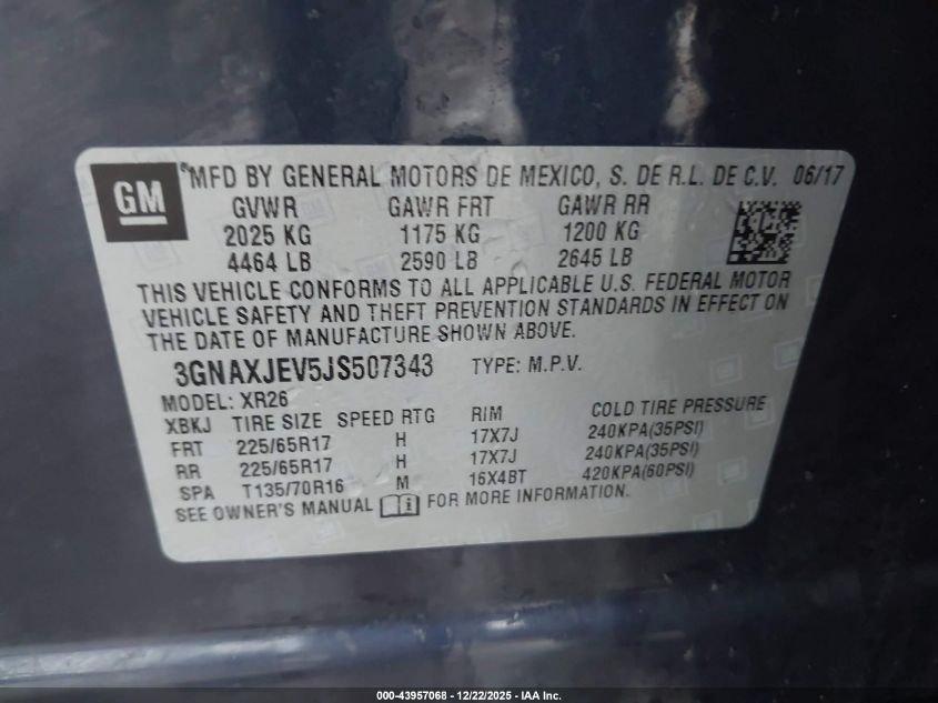 2018 Chevrolet Equinox Lt VIN: 3GNAXJEV5JS507343 Lot: 43957068