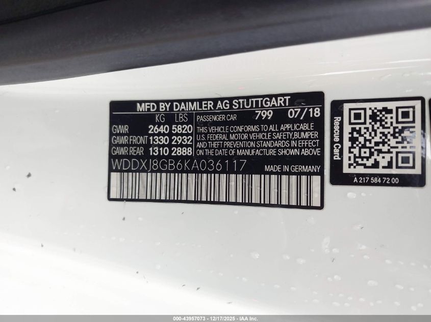 2019 Mercedes-Benz S 560 4Matic VIN: WDDXJ8GB6KA036117 Lot: 43957073