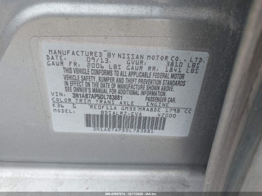 2013 Nissan Sentra Sr VIN: 3N1AB7AP5DL783881 Lot: 43957074