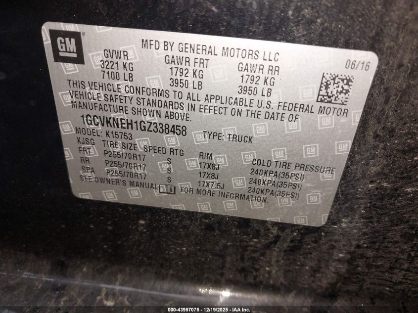 2016 Chevrolet Silverado 1500 Wt VIN: 1GCVKNEH1GZ338458 Lot: 43957075