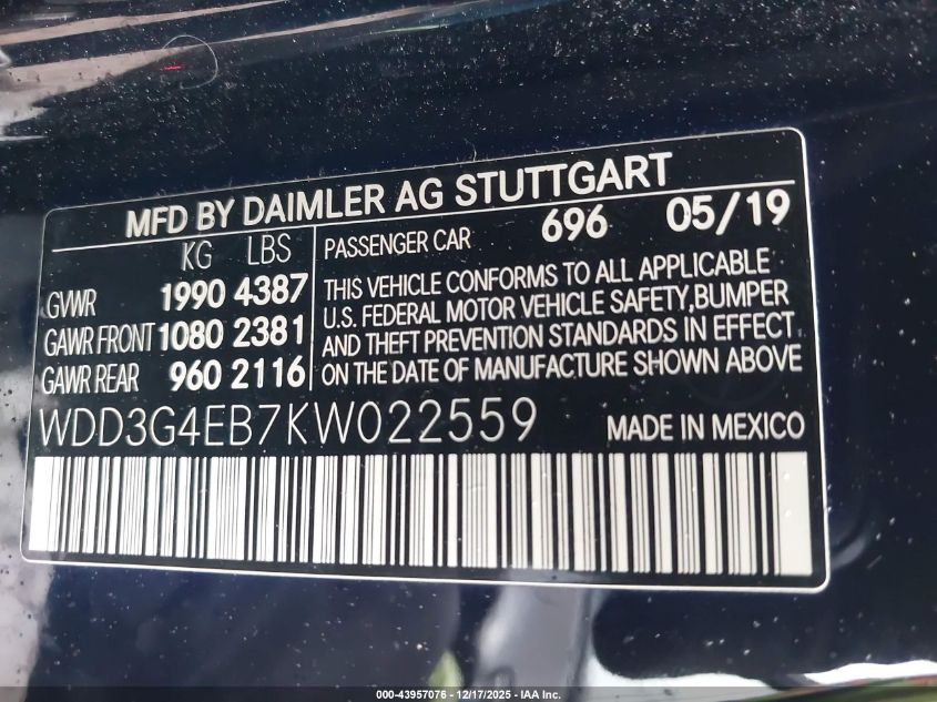 2019 Mercedes-Benz A 220 VIN: WDD3G4EB7KW022559 Lot: 43957076