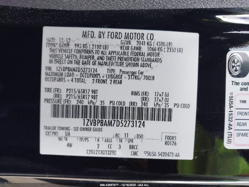 2013 Ford Mustang V6 Premium VIN: 1ZVBP8AM7D5273124 Lot: 43957077