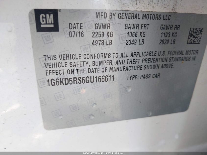2016 Cadillac Ct6 Luxury VIN: 1G6KD5RS6GU166611 Lot: 43957079
