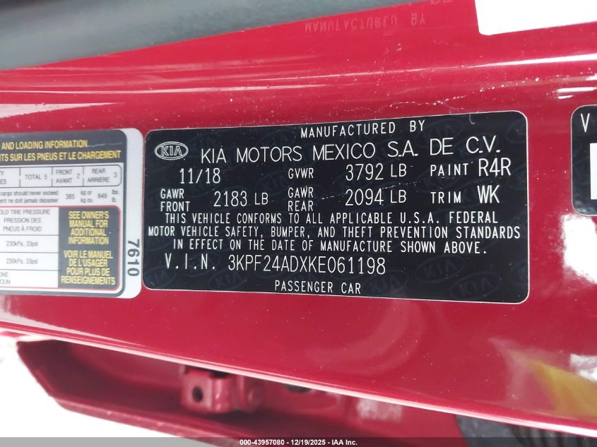 2019 Kia Forte Lxs VIN: 3KPF24ADXKE061198 Lot: 43957080