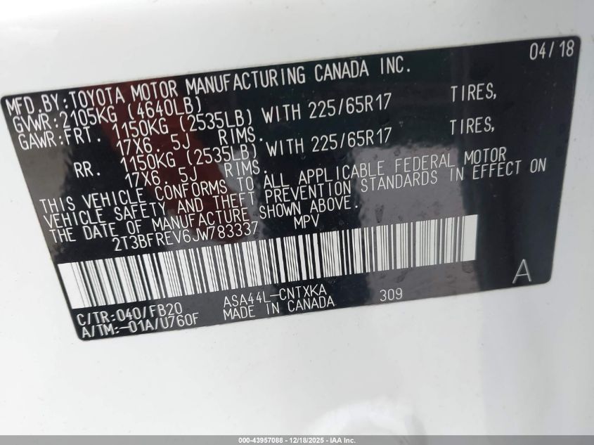 2018 Toyota Rav4 Le VIN: 2T3BFREV6JW783337 Lot: 43957088