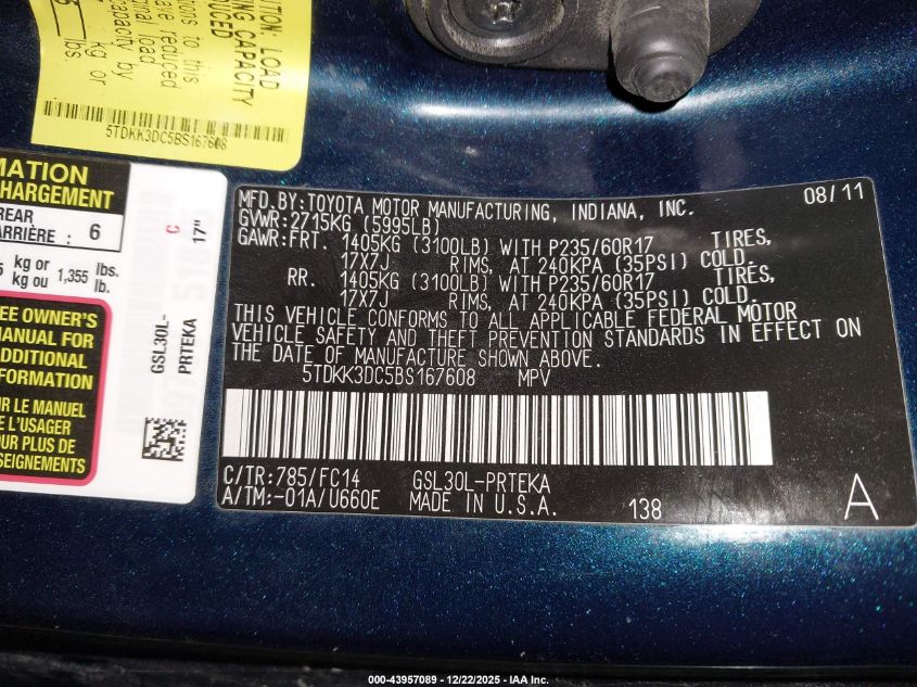 2011 Toyota Sienna Le V6 VIN: 5TDKK3DC5BS167608 Lot: 43957089