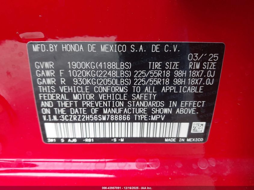 2025 Honda Hr-V Sport VIN: 3CZRZ2H56SM788866 Lot: 43957091
