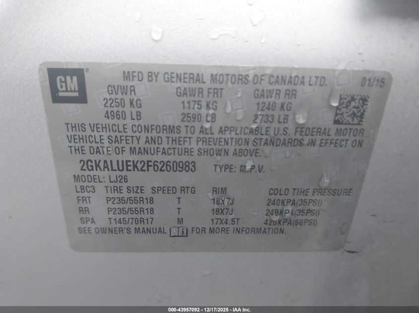 2015 GMC Terrain Denali VIN: 2GKALUEK2F6260983 Lot: 43957092