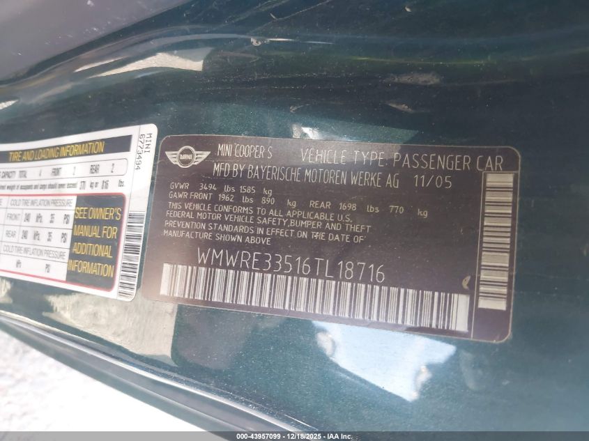 2006 Mini Cooper S VIN: WMWRE33516TL18716 Lot: 43957099