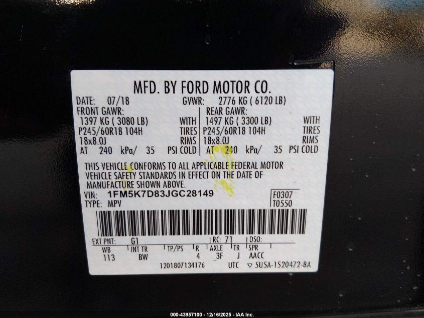 2018 Ford Explorer Xlt VIN: 1FM5K7D83JGC28149 Lot: 43957100