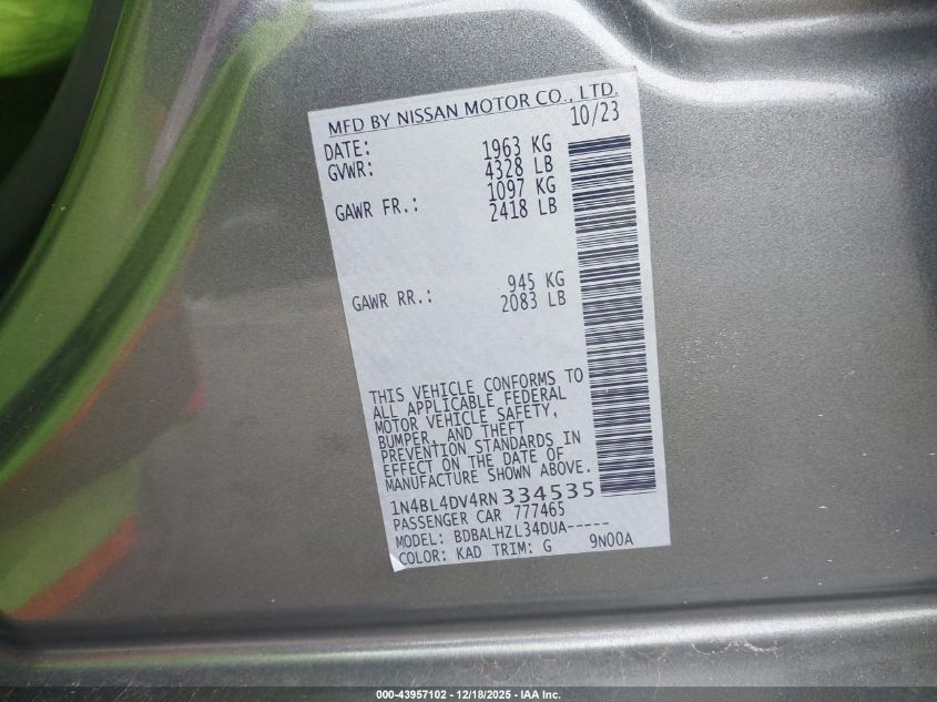 2024 Nissan Altima Sv Fwd VIN: 1N4BL4DV4RN334535 Lot: 43957102