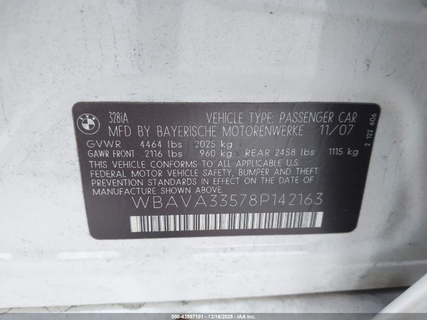 2008 BMW 328I VIN: WBAVA33578P142163 Lot: 43957101