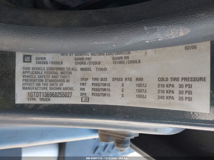 2006 GMC Canyon Slt VIN: 1GTDT136968255027 Lot: 43957113