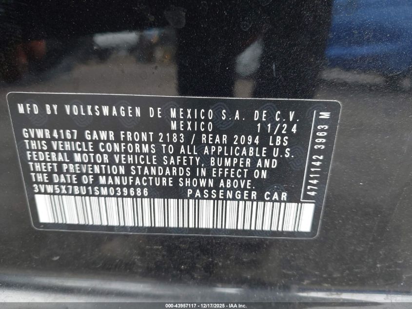 2025 Volkswagen Jetta 1.5T S VIN: 3VW5X7BU1SM039686 Lot: 43957117