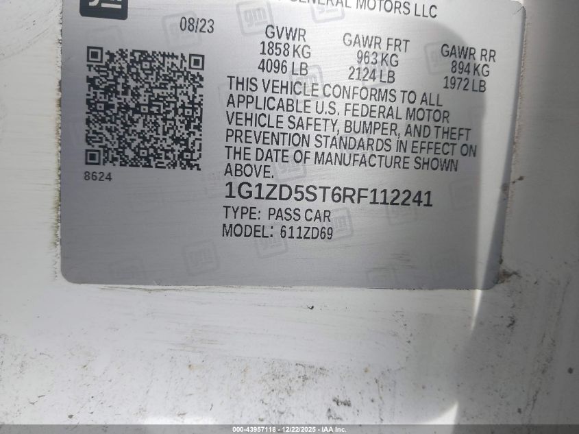 2024 Chevrolet Malibu VIN: 1G1ZD5SST6RF11224 Lot: 43957118