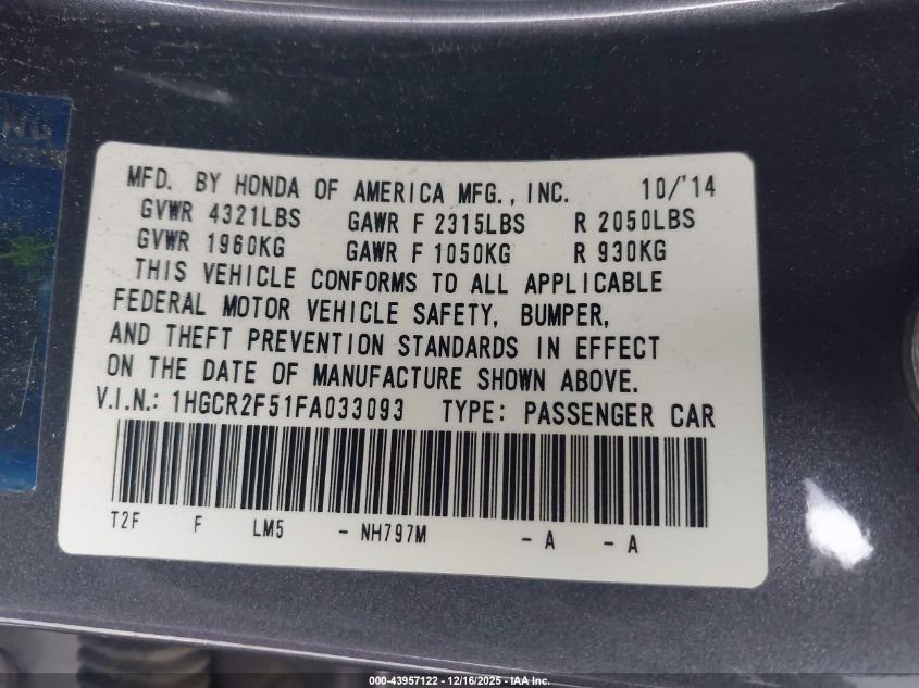 2015 Honda Accord Sport VIN: 1HGCR2F51FA033093 Lot: 43957122