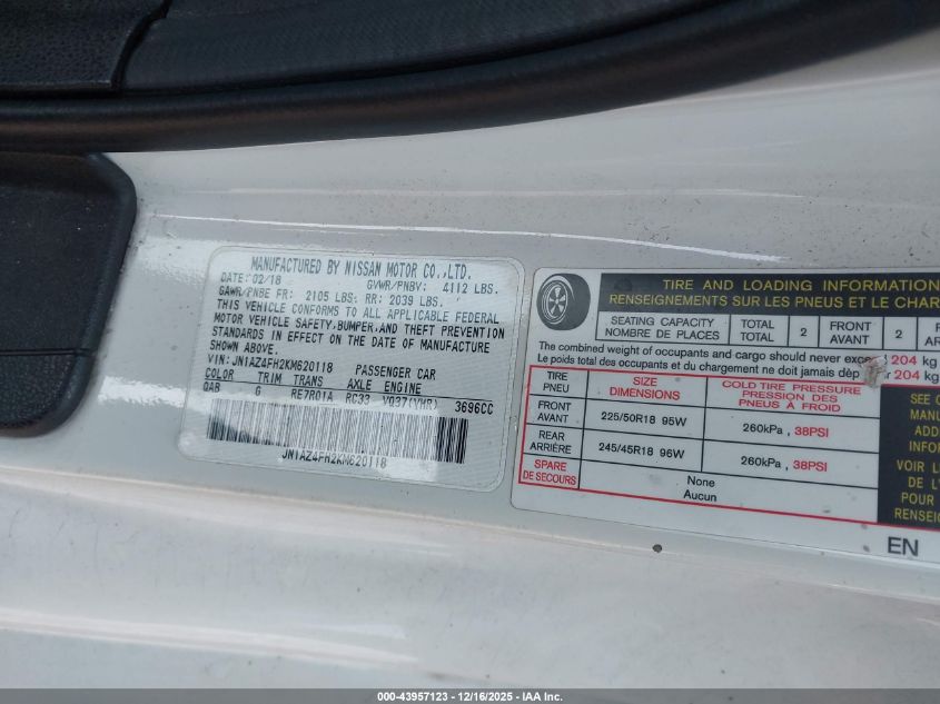 2019 Nissan 370Z VIN: JN1AZ4FH2KM620118 Lot: 43957123