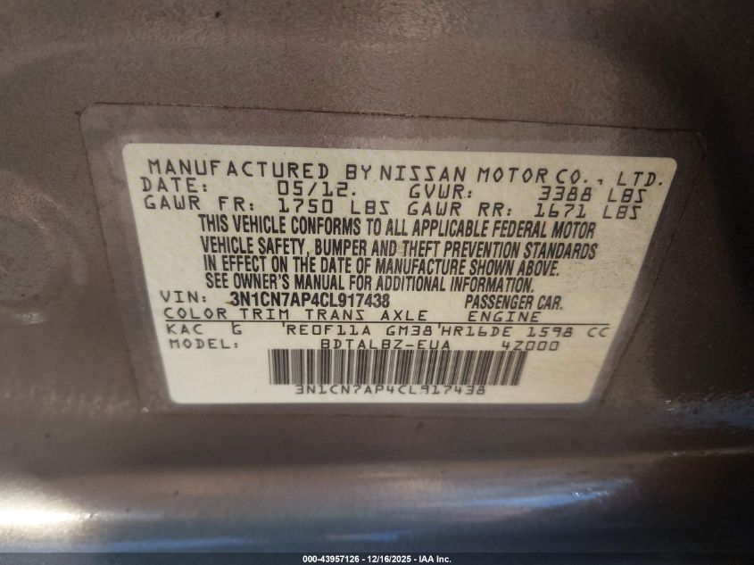 2012 Nissan Versa 1.6 Sv VIN: 3N1CN7AP4CL917438 Lot: 43957126