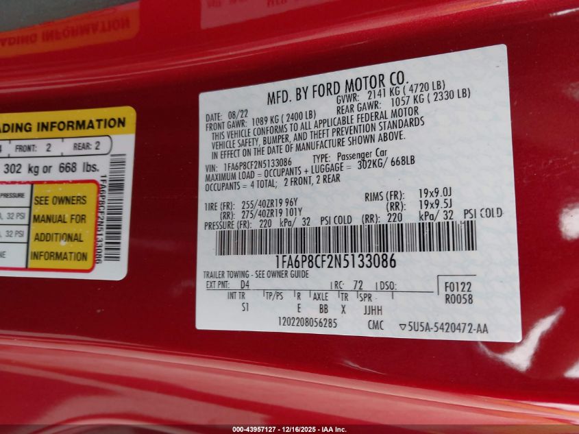 2022 Ford Mustang Gt Premium Fastback VIN: 1FA6P8CF2N5133086 Lot: 43957127