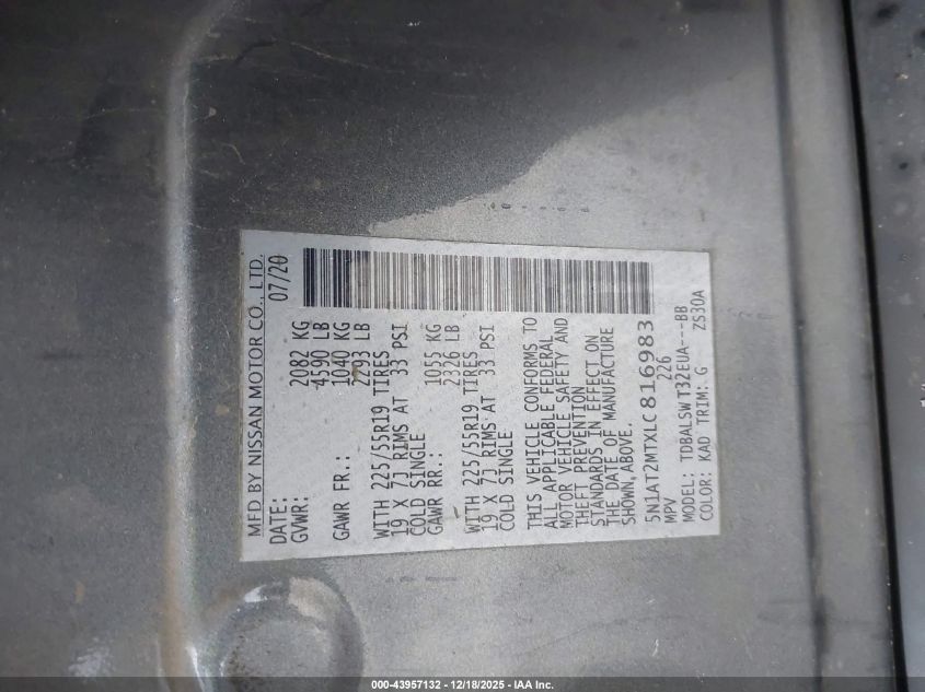 2020 Nissan Rogue Sl Fwd VIN: 5N1AT2MTXLC816983 Lot: 43957132