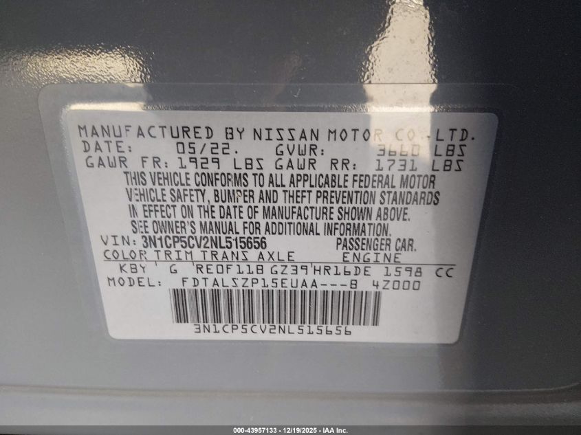 2022 Nissan Kicks Sv Xtronic Cvt VIN: 3N1CP5CV2NL515656 Lot: 43957133