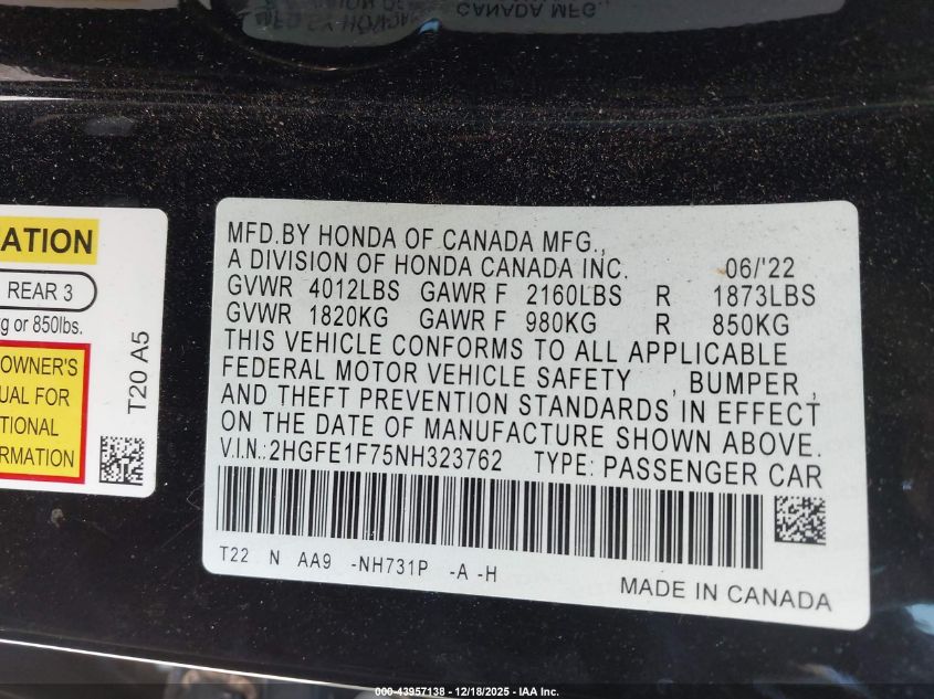 2022 Honda Civic Ex VIN: 2HGFE1F75NH323762 Lot: 43957138