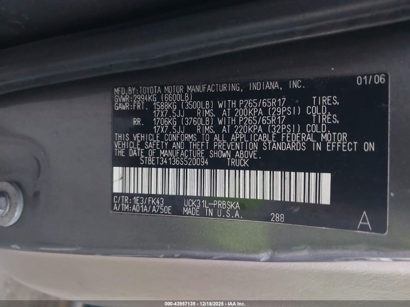 2006 Toyota Tundra Sr5 V8 VIN: 5TBET34136S520094 Lot: 43957139