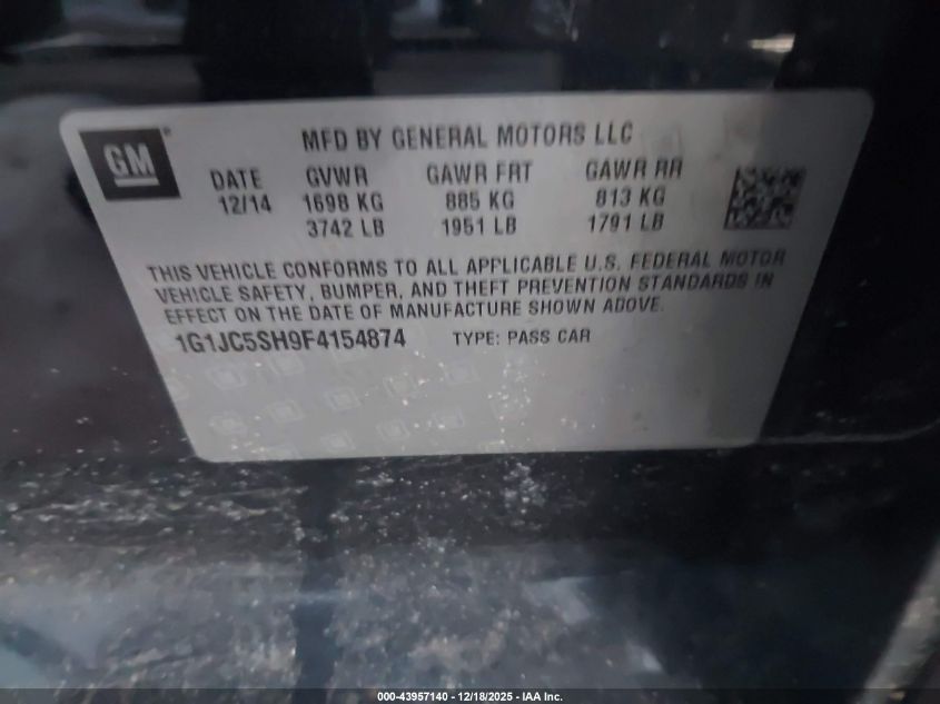 2015 Chevrolet Sonic Lt Auto VIN: 1G1JC5SH9F4154874 Lot: 43957140