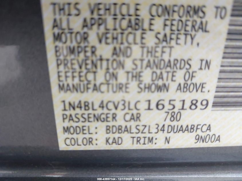 2020 Nissan Altima Sr Fwd VIN: 1N4BL4CV3LC165189 Lot: 43957144