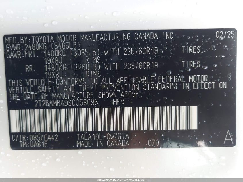 2025 Lexus Rx 350 Premium VIN: 2T2BAMBA9SC058096 Lot: 43957145