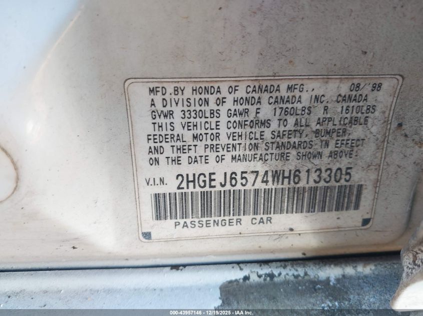 1998 Honda Civic Lx VIN: 2HGEJ6574WH613305 Lot: 43957146