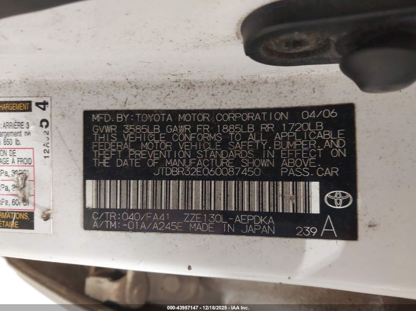 2006 Toyota Corolla Ce VIN: JTDBR32E060087450 Lot: 43957147