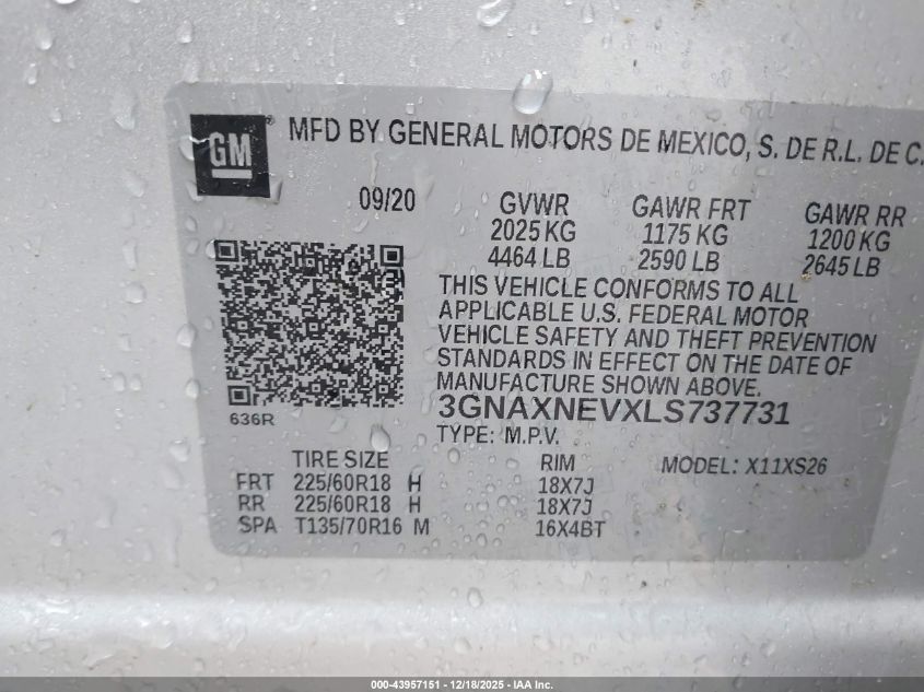 2020 Chevrolet Equinox Fwd Premier 1.5L Turbo VIN: 3GNAXNEVXLS737731 Lot: 43957151