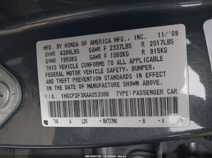2010 Honda Accord 2.4 Lx VIN: 1HGCP2F3XAA053386 Lot: 43957156