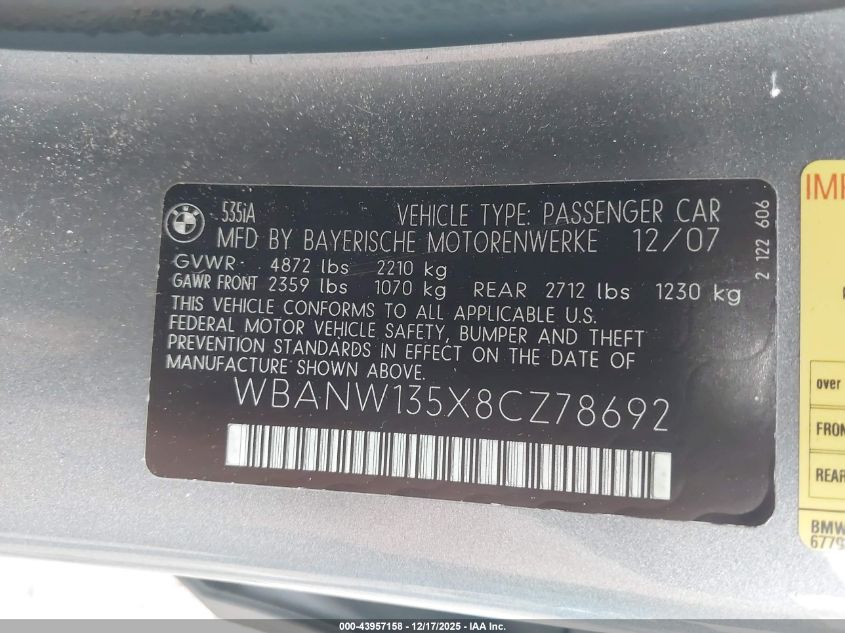 2008 BMW 535I VIN: WBANW135X8CZ78692 Lot: 43957158