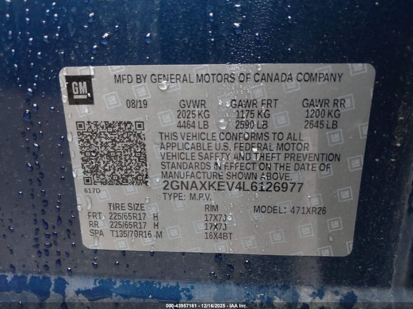 2020 Chevrolet Equinox Fwd Lt 1.5L Turbo VIN: 2GNAXKEV4L6126977 Lot: 43957161