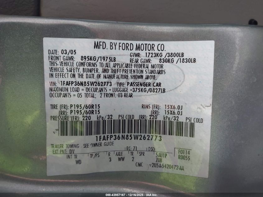 2005 Ford Focus Zxw VIN: 1FAFP36N85W262773 Lot: 43957167