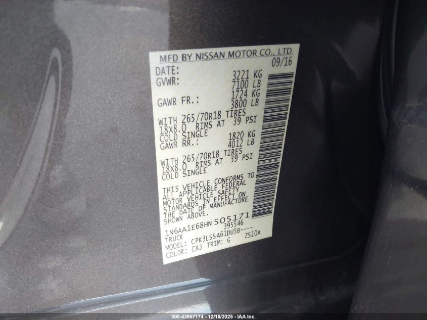 2017 Nissan Titan Sv VIN: 1N6AA1E68HN505171 Lot: 43957174