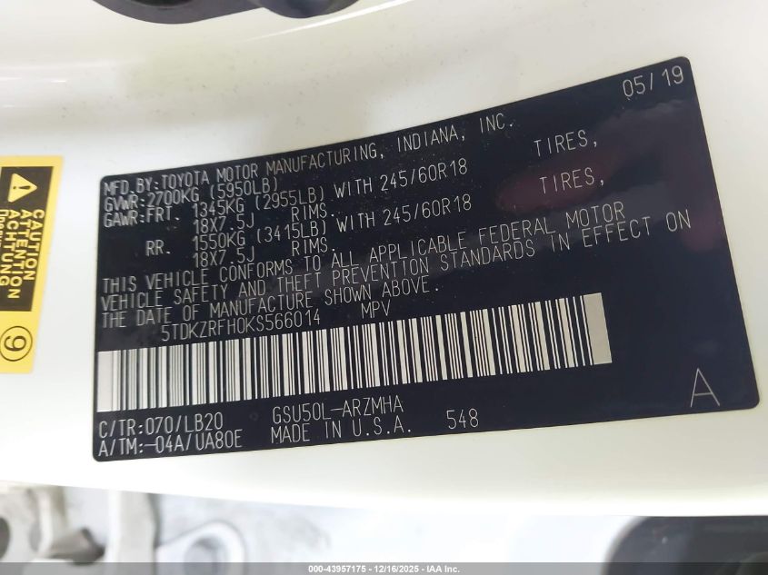 2019 Toyota Highlander Xle VIN: 5TDKZRFH0KS566014 Lot: 43957175