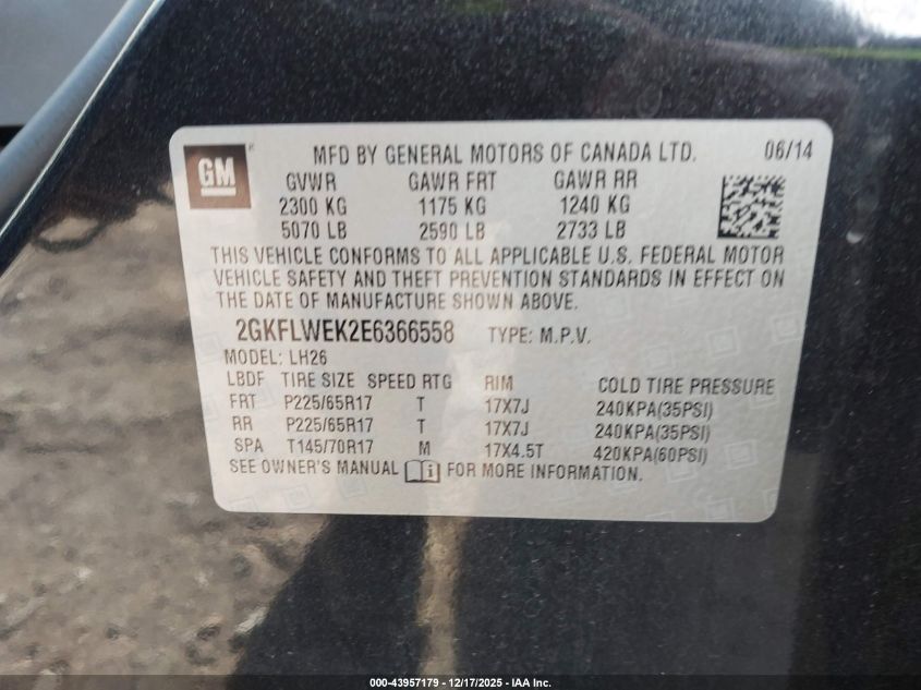 2014 GMC Terrain Sle-2 VIN: 2GKFLWEK2E6366558 Lot: 43957179