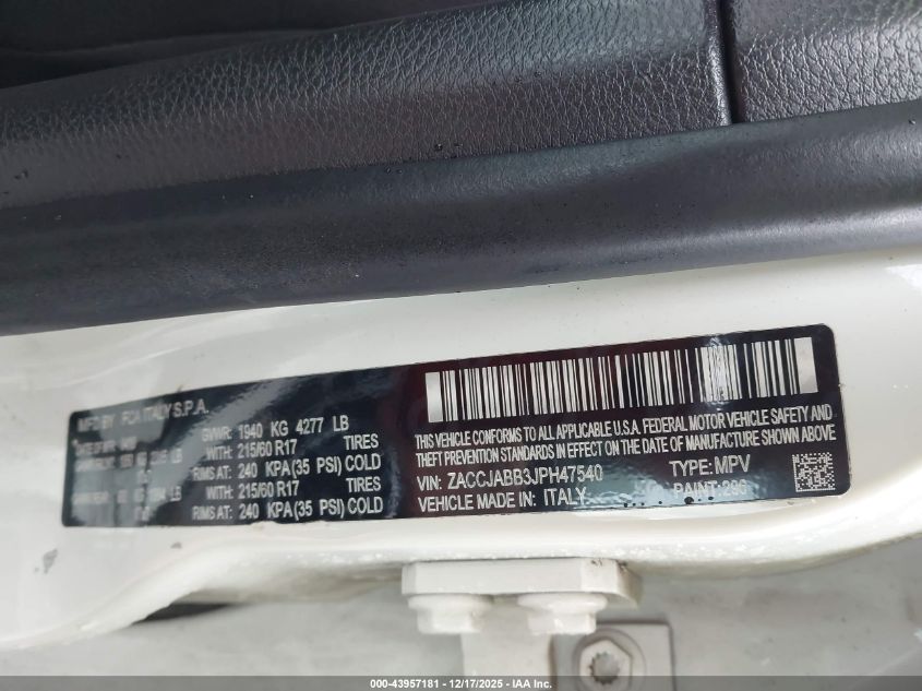 2018 Jeep Renegade Latitude Fwd VIN: ZACCJABB3JPH47540 Lot: 43957181