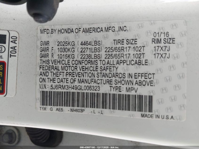 2016 Honda Cr-V Se VIN: 5J6RM3H49GL006323 Lot: 43957180